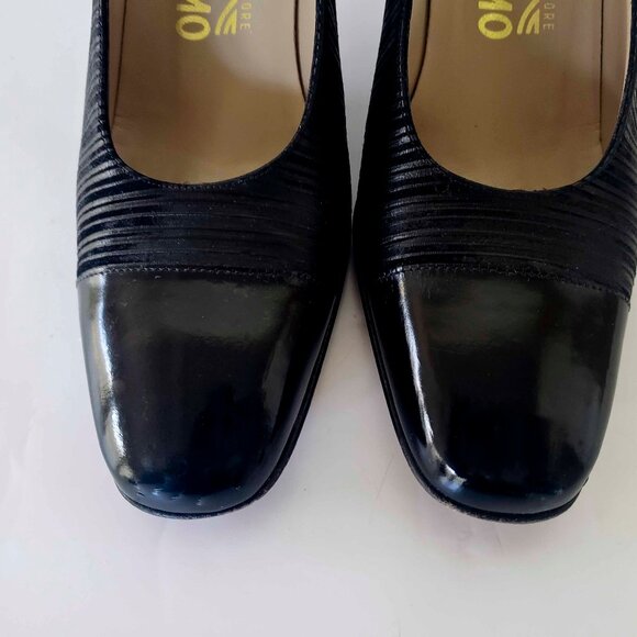 Salvatore Ferragamo BLK Illusion Stripe Fabric Patent Leather Captoe Pumps 7.5B - Picture 5 of 6